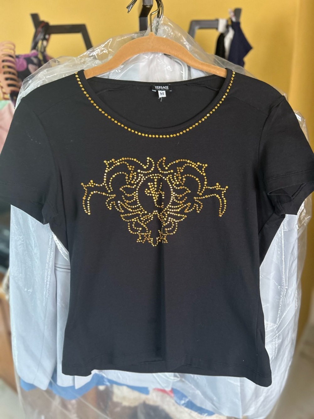 Versace Black Short Sleeve Tee with Gold Stud Motif